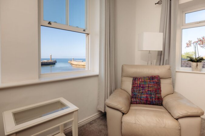 Captain's Quarters Whitby. Sea views from living room.