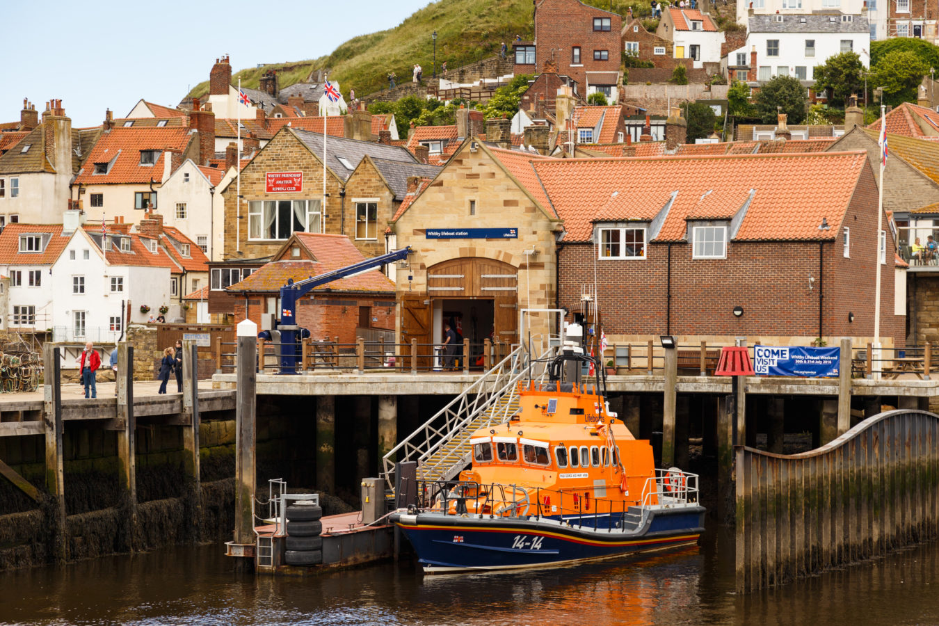 Lifeboat moored at Whitby Lifeboat Station.