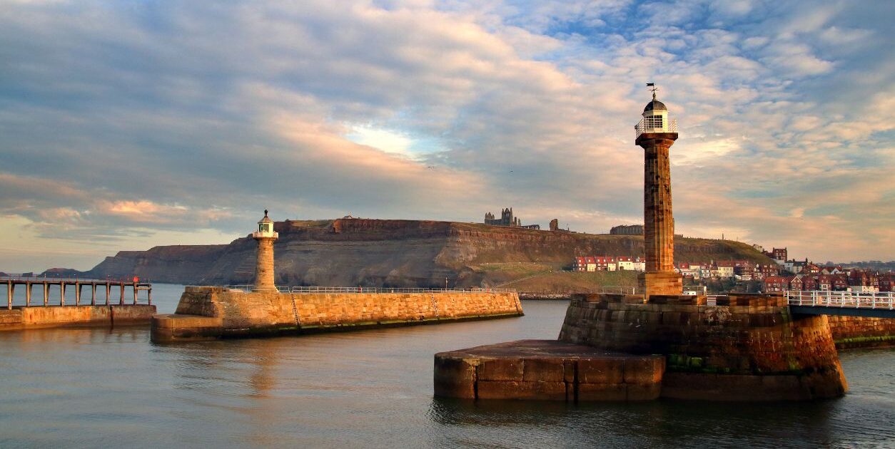 Whitby piers and lighthouses at the entrance to the harbour